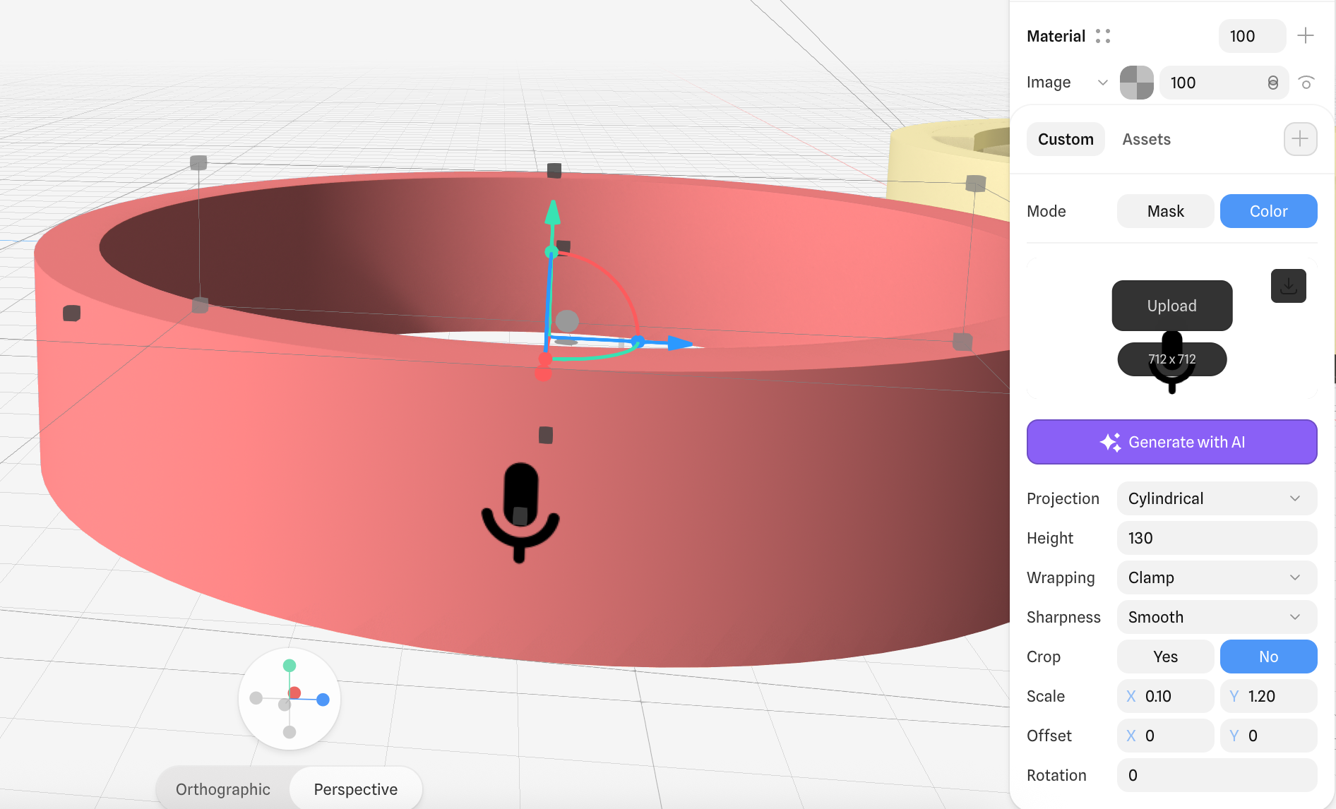 <b>Adding 2D images onto the shapes using Cylindrical Projection</b><br>Here, I practised applying a microphone logo onto a cylinder. The only drawback is that the logo also appears on the inside of the cylinder, and I was unable to find a solution to fix this.