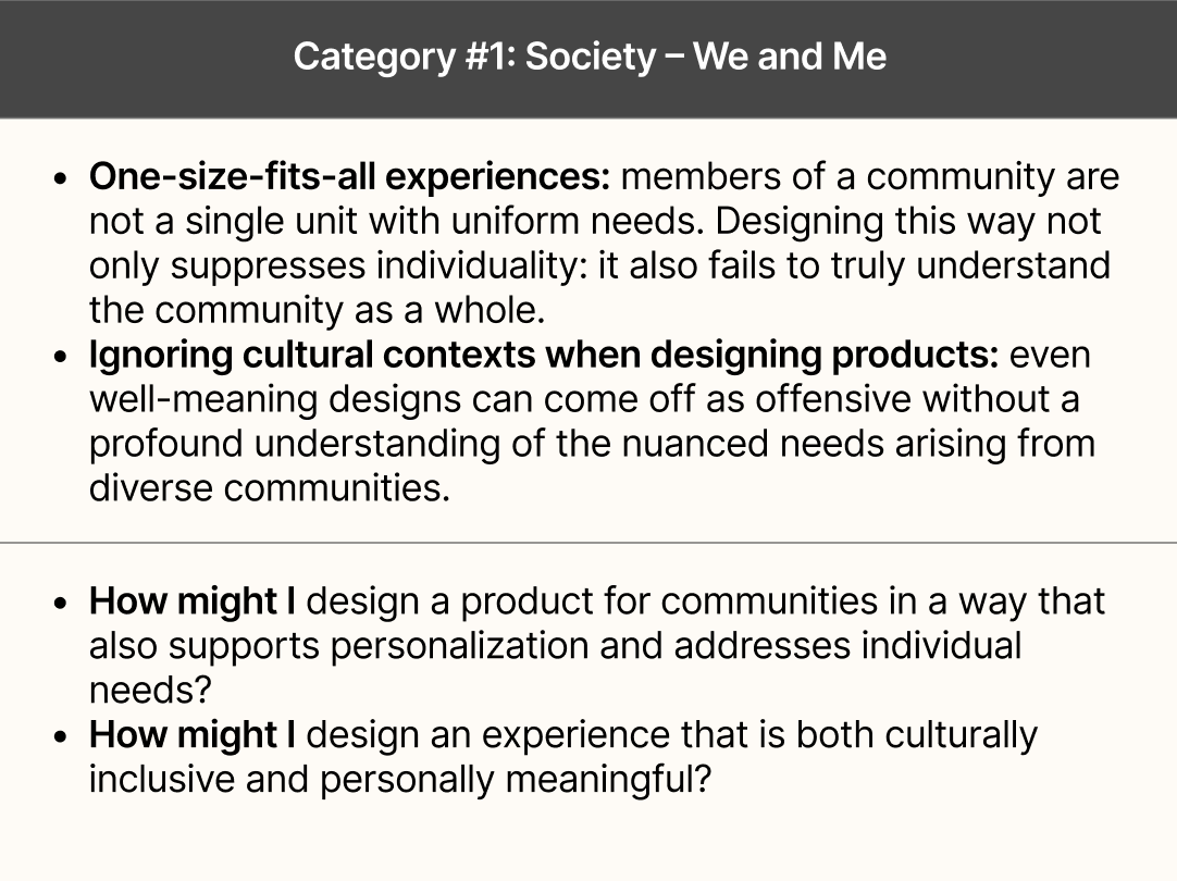 Identifying problem spaces for the category <i>Society: We and Me</i> and formulating HMI statements for these issues