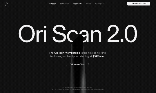 Ori Scan by Koji Studio (live URL: https://ori-new-version.webflow.io/): an impressive visualization of a next-gen dental scanner that seamlessly integrated 3D (made with Spline) into Webflow