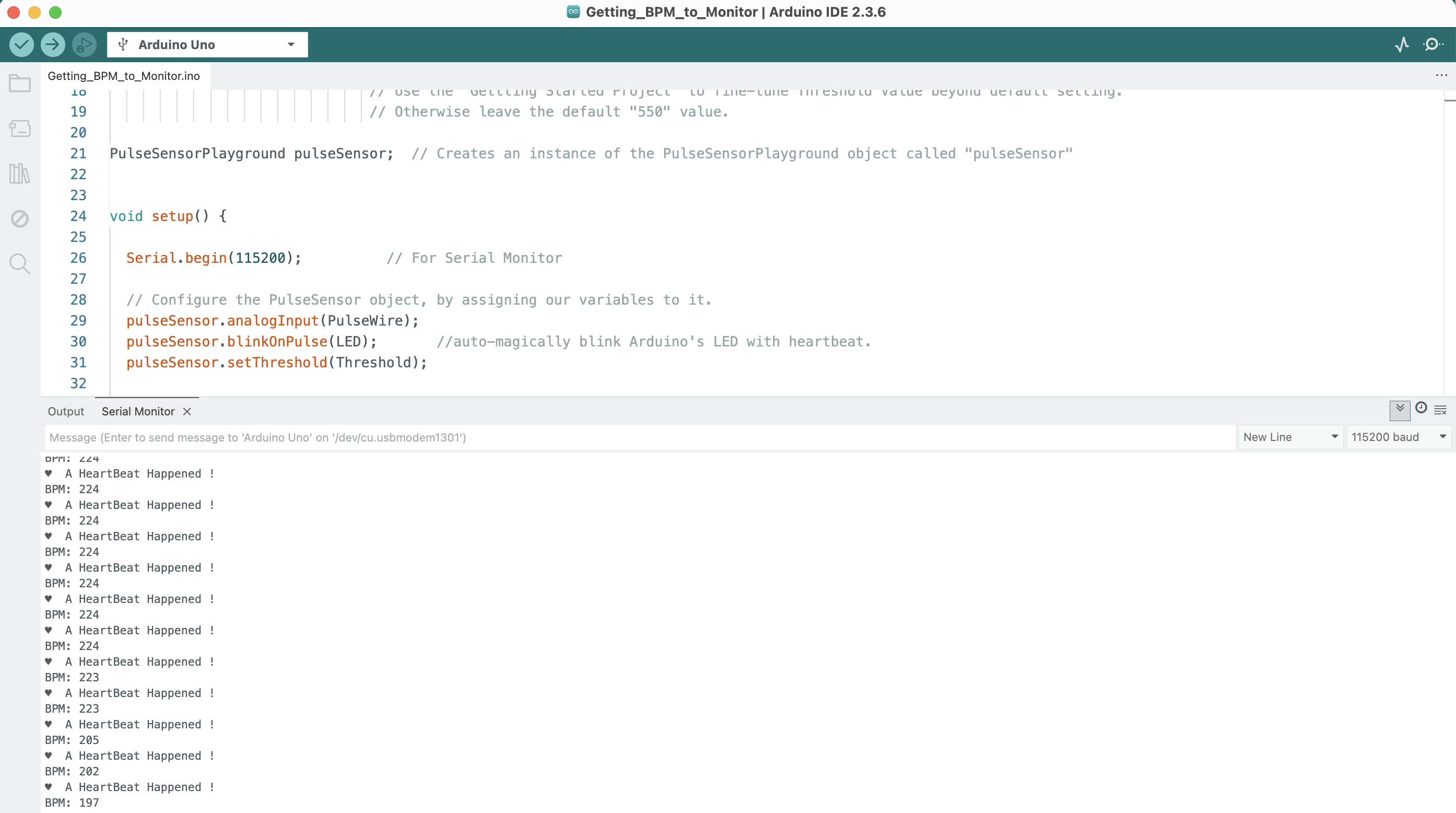 In this sketch, the heartbeat data (in BPM) is abnormally high. This tells us that there might be issues with the code, the sensor, the wirings, or all of them.