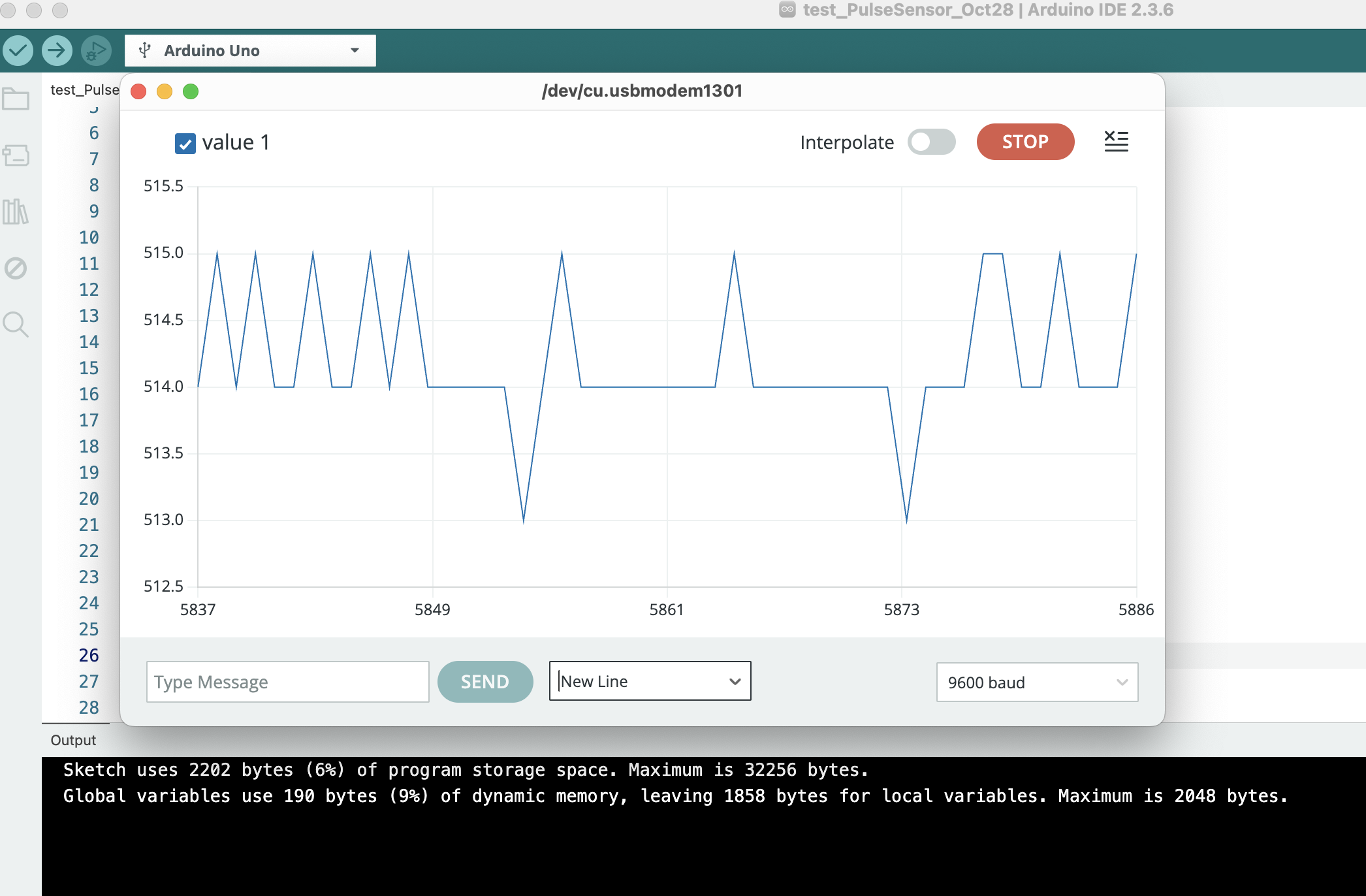 <b>Part of our Activity 1 Research:</b> While we have used Serial Monitor to read sensor data sent from the Arduino Sensor Kit, we also used Serial Plotter to see if it is possible to visualize our data (i.e. the heartbeat signals) and to see if the sketch/code we used worked perfectly. <br><br> In the above graph, the signals looked unstable, with irregular peaks and dips in the graph. Like other sketches we've experimented with for Activity 1, we will need to figure out exactly where the problem is coming from.