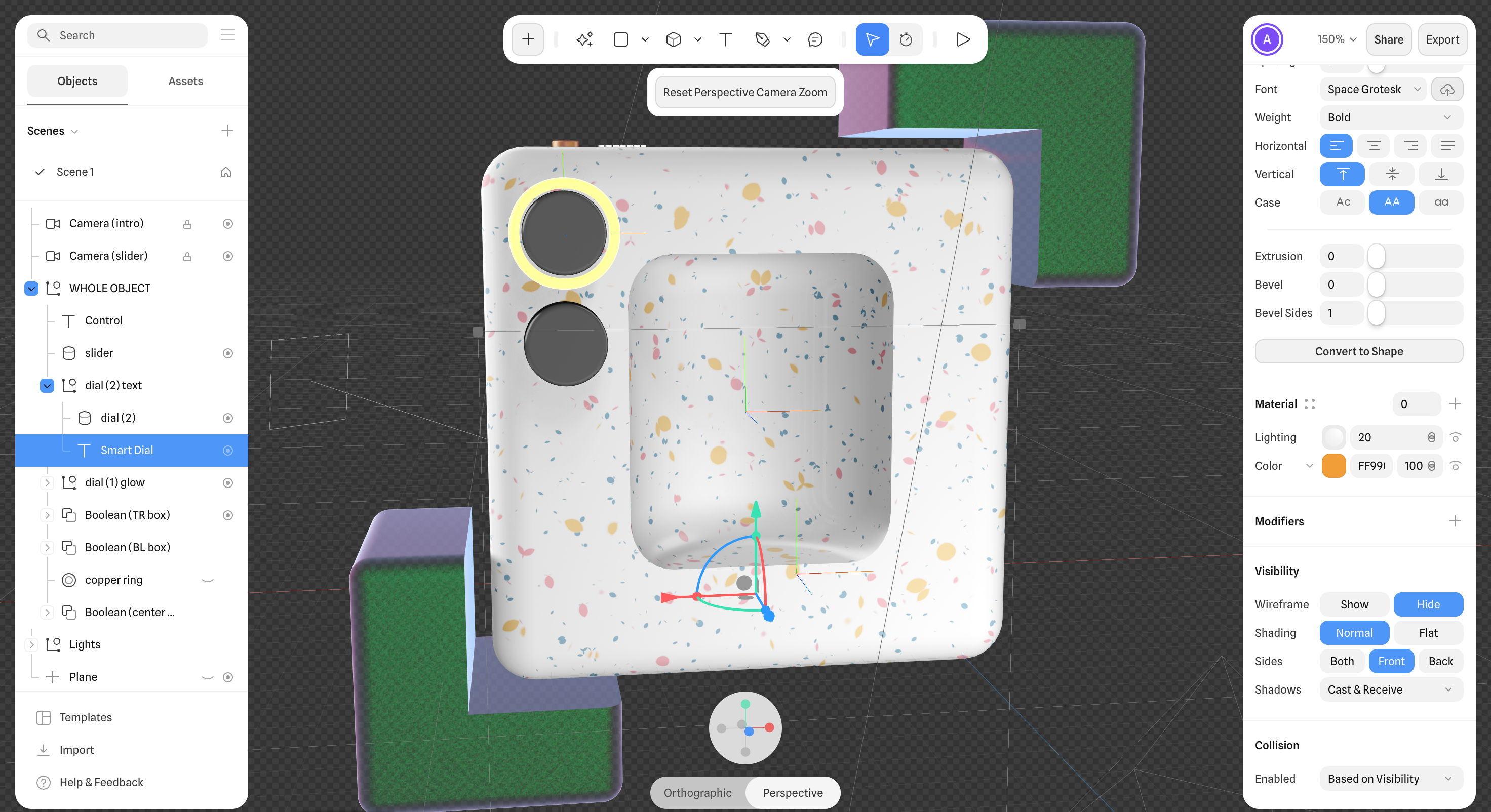 <b>Applying changes to the 3D scene on Spline.</b> These include making the 3D scene background transparent so it blends with the hero section design better; adjusting the camera zoom; and changing the label colours for more contrast.