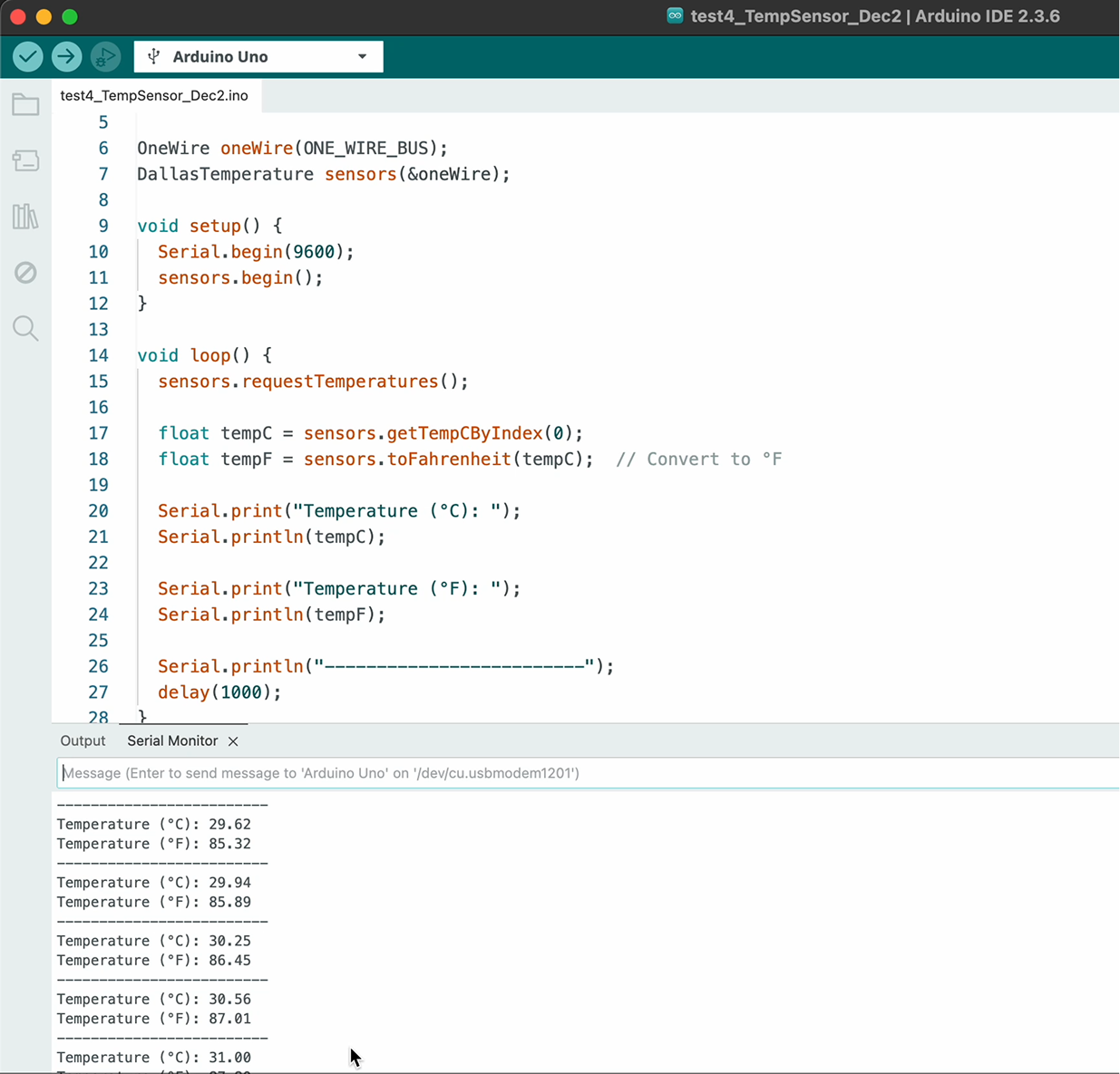 Compared to previous sensors we tried, the DS18B20 showed evident rise in temperature. We finally got to see the values reach 30℃ and above.
